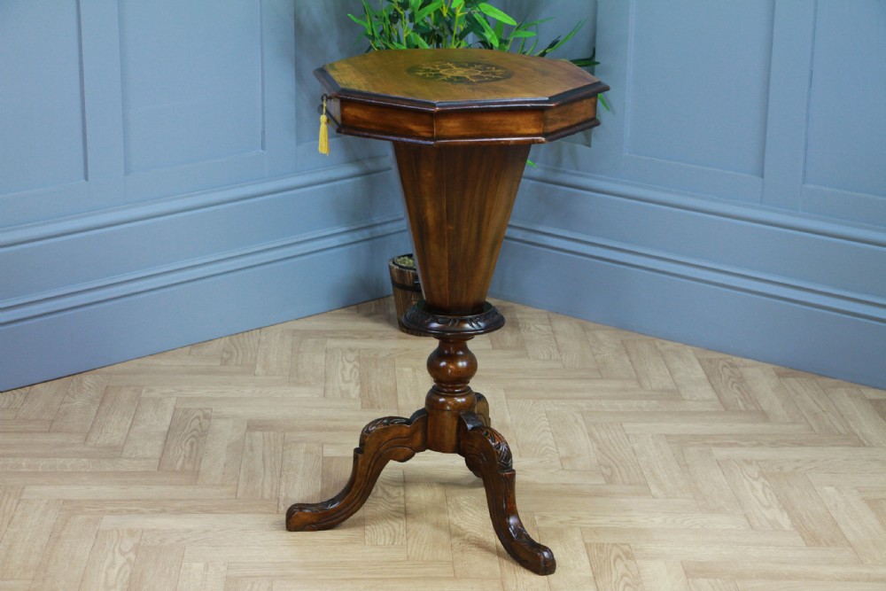Antique Victorian Walnut Inlaid Octagonal Sewing Trumpet Table Side Lamp C1880 View XI