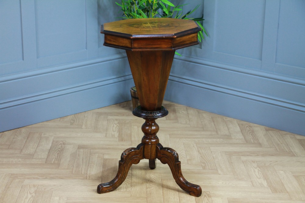 Antique Victorian Walnut Inlaid Octagonal Sewing Trumpet Table Side Lamp C1880 View XIII