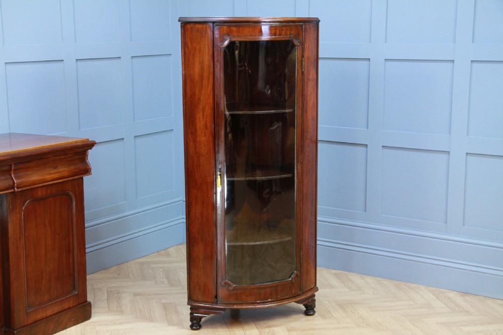 Antique Early Victorian Mahogany Curved Glazed Corner Floor Standing Cabinet View II
