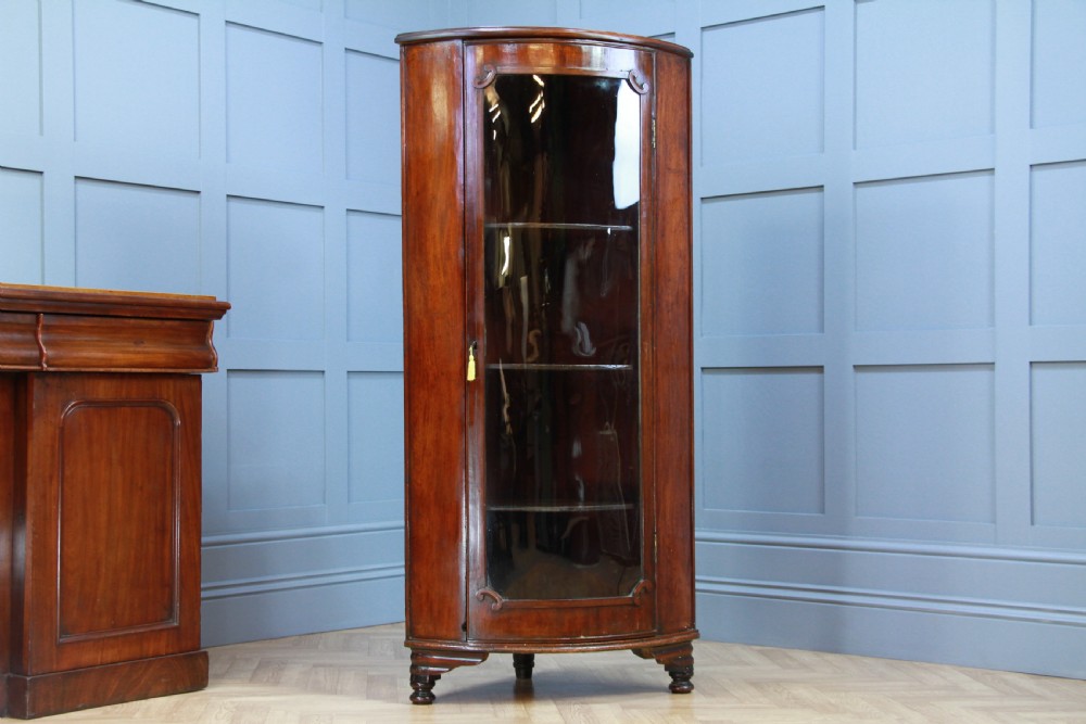 Antique Early Victorian Mahogany Curved Glazed Corner Floor Standing Cabinet View III