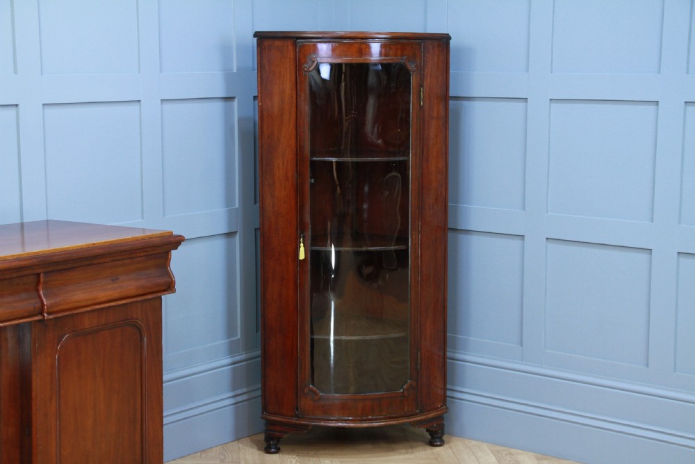 Antique Early Victorian Mahogany Curved Glazed Corner Floor Standing Cabinet View IV