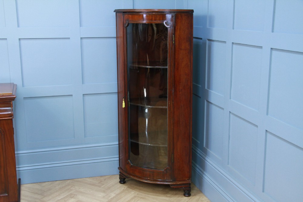 Antique Early Victorian Mahogany Curved Glazed Corner Floor Standing Cabinet View V