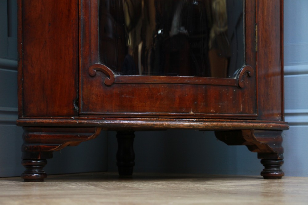 Antique Early Victorian Mahogany Curved Glazed Corner Floor Standing Cabinet View X