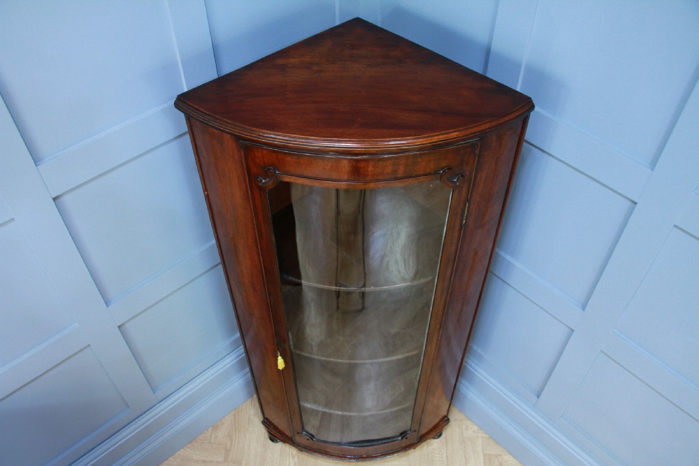 Antique Early Victorian Mahogany Curved Glazed Corner Floor Standing Cabinet View XII