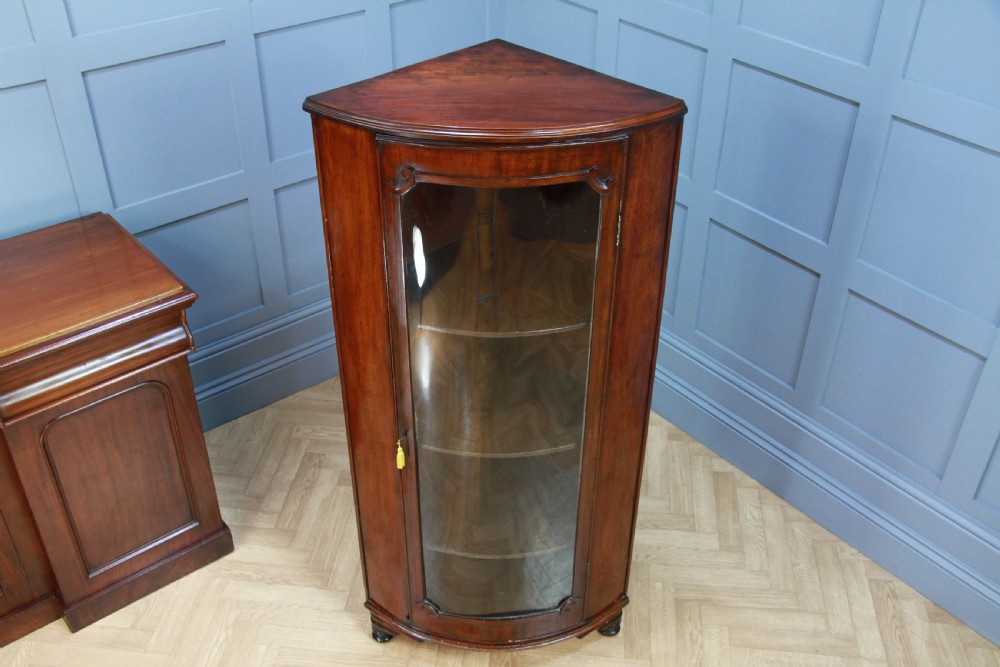 Antique Early Victorian Mahogany Curved Glazed Corner Floor Standing Cabinet View XIV