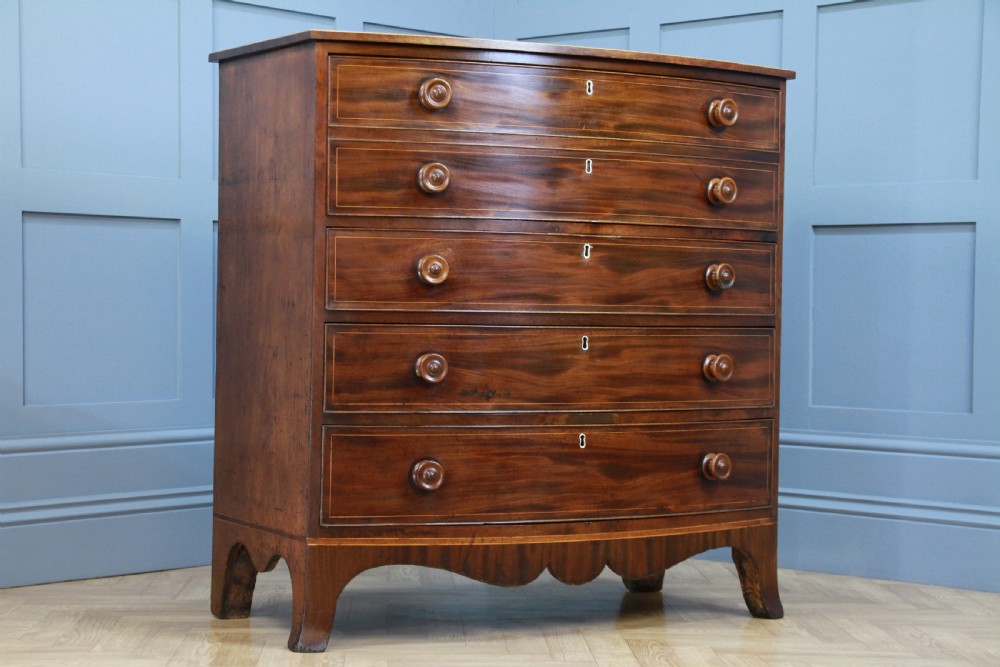 Antique Original Georgian Inlaid Bow Front Mahogany Chest of 4 Drawers Restored View III
