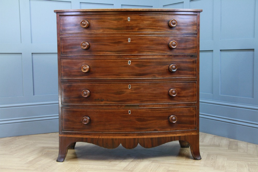Antique Original Georgian Inlaid Bow Front Mahogany Chest of 4 Drawers Restored View X