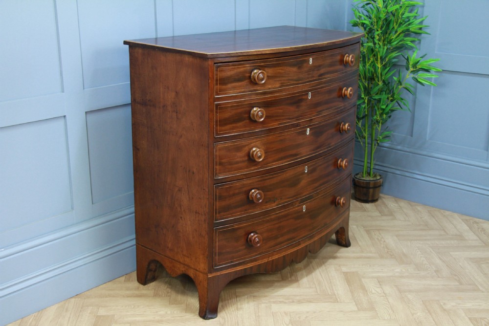 Antique Original Georgian Inlaid Bow Front Mahogany Chest of 4 Drawers Restored View XI
