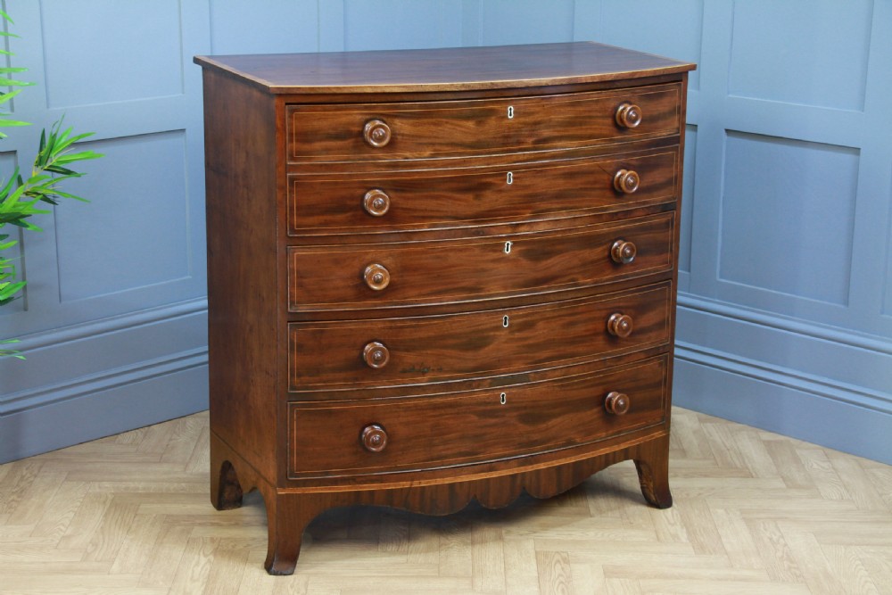Antique Original Georgian Inlaid Bow Front Mahogany Chest of 4 Drawers Restored View XIII