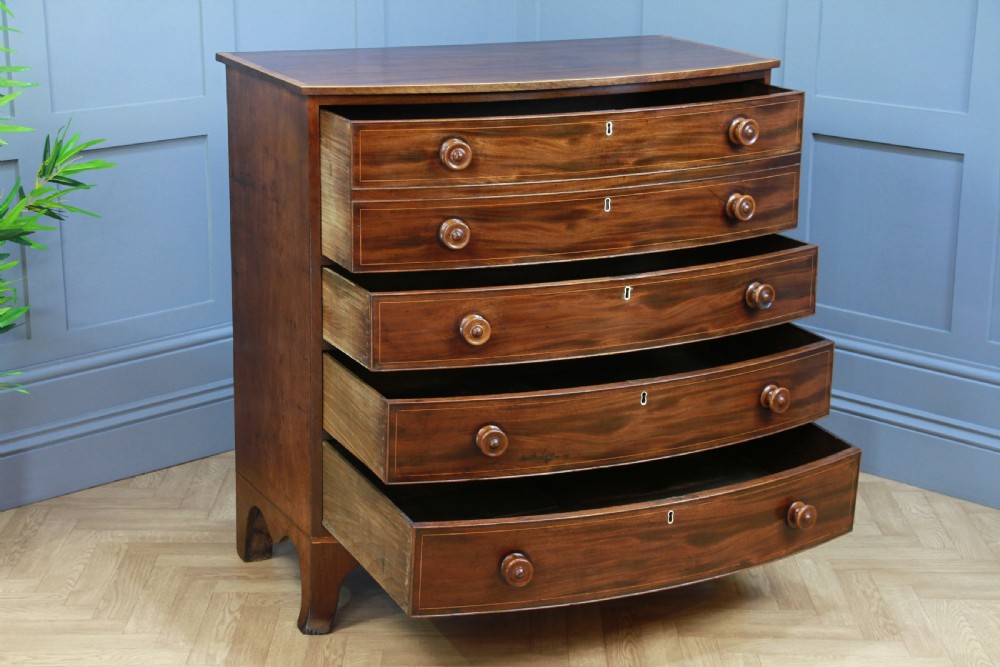 Antique Original Georgian Inlaid Bow Front Mahogany Chest of 4 Drawers Restored View XIV