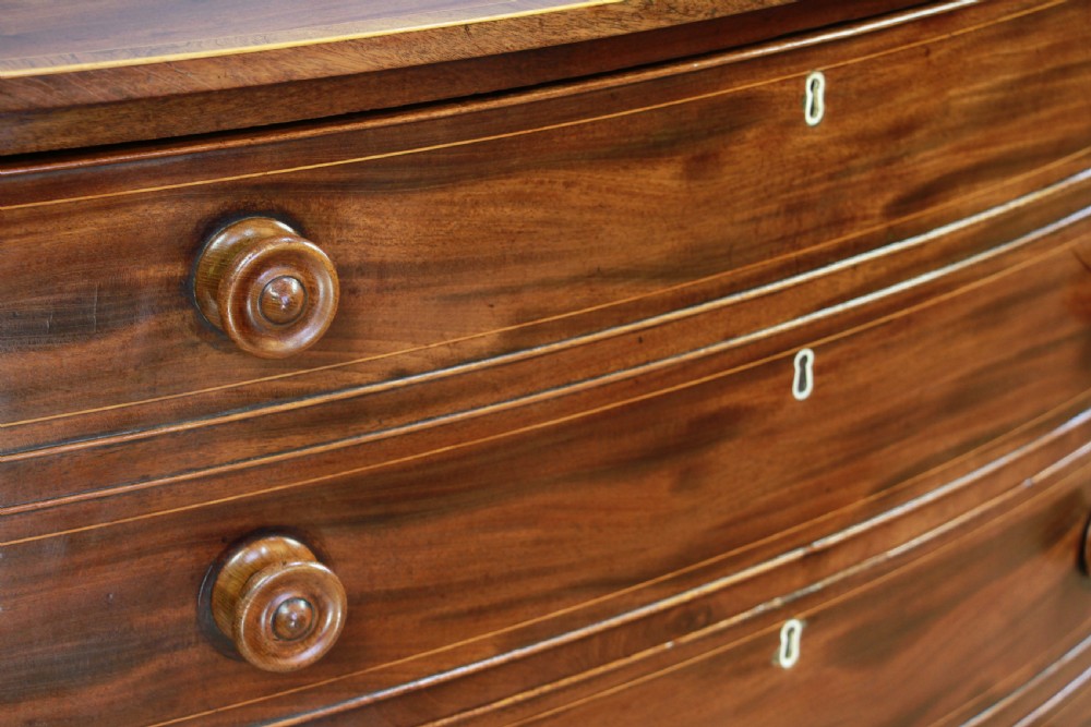 Antique Original Georgian Inlaid Bow Front Mahogany Chest of 4 Drawers Restored View XVIII