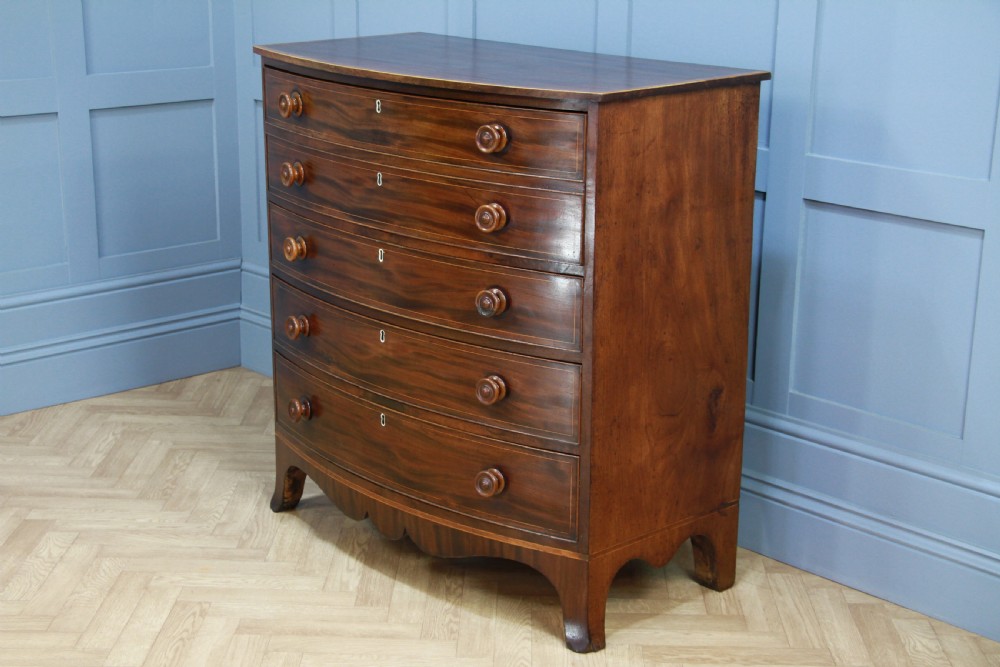 Antique Original Georgian Inlaid Bow Front Mahogany Chest of 4 Drawers Restored View XXIV