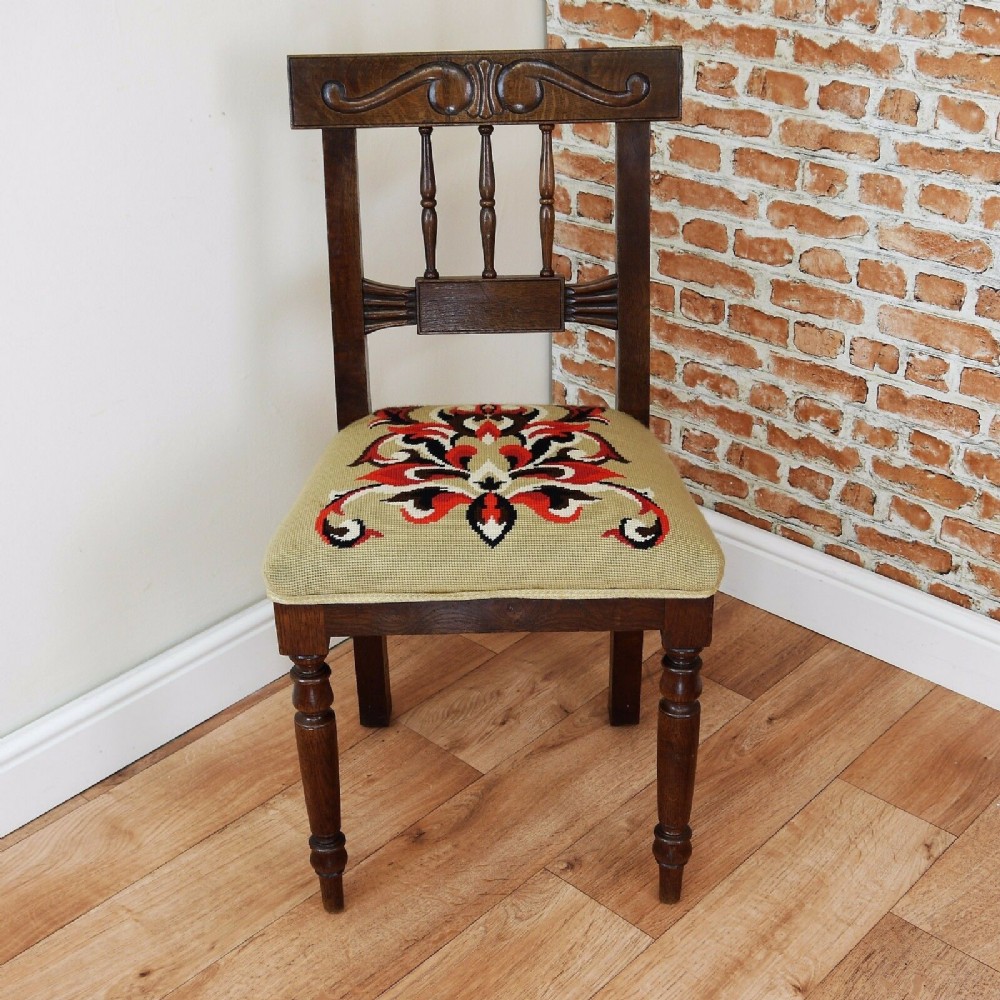 Antique late Victorian Medium Oak Carved Hall Chair Ecclesiastical Tapestry 1880