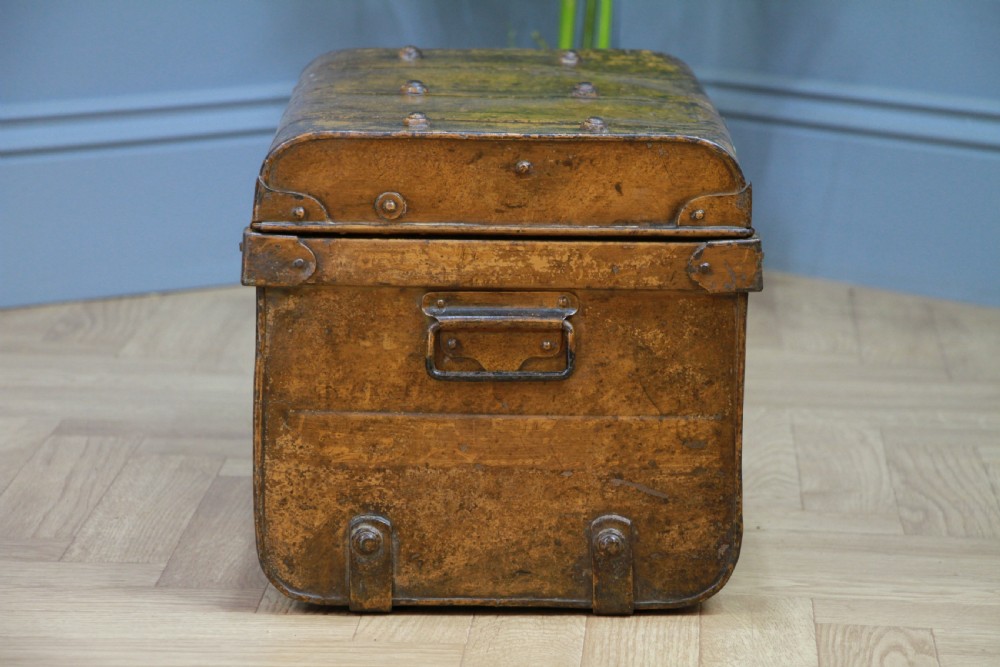 Antique Vintage Small Scrumbled Metal Travel Chest Steamer Trunk Box View II
