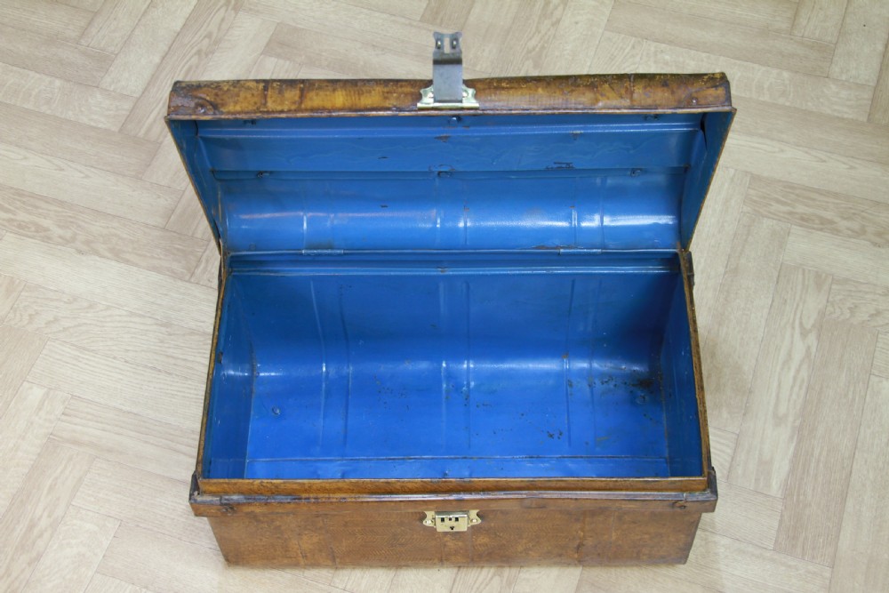 Antique Vintage Small Scrumbled Metal Travel Chest Steamer Trunk Box View III
