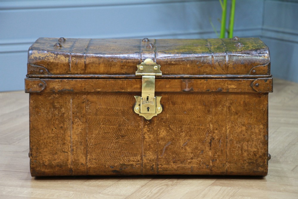 Antique Vintage Small Scrumbled Metal Travel Chest Steamer Trunk Box View IV