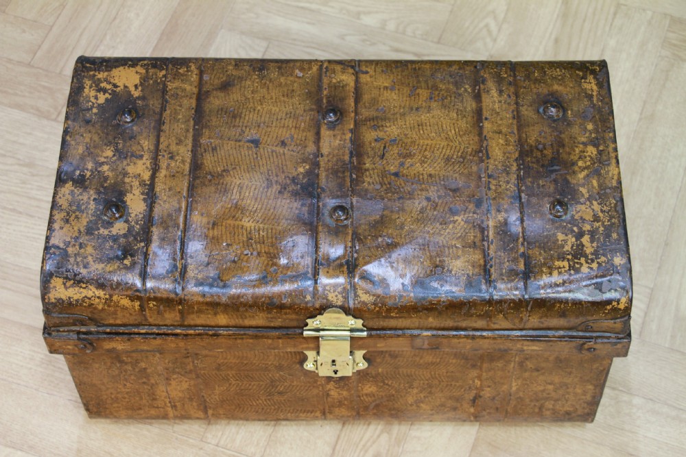 Antique Vintage Small Scrumbled Metal Travel Chest Steamer Trunk Box View V