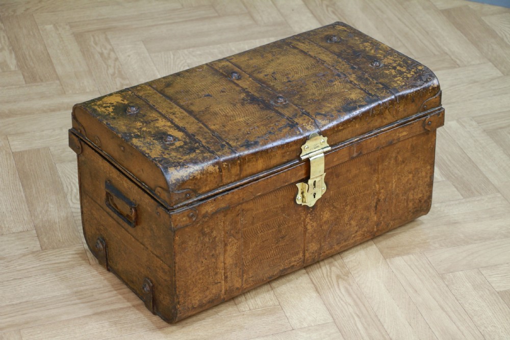 Antique Vintage Small Scrumbled Metal Travel Chest Steamer Trunk Box View VI