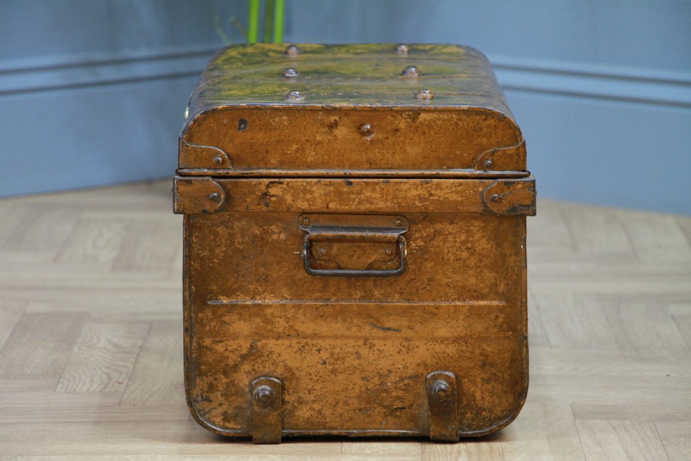 Antique Vintage Small Scrumbled Metal Travel Chest Steamer Trunk Box View VII