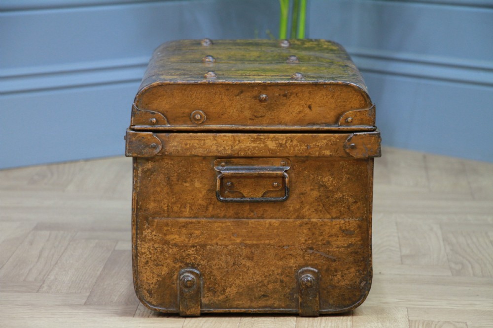 Antique Vintage Small Scrumbled Metal Travel Chest Steamer Trunk Box View VIII