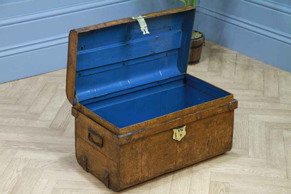 Antique Vintage Small Scrumbled Metal Travel Chest Steamer Trunk Box View IX