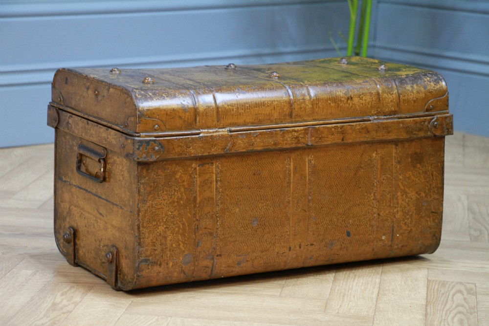 Antique Vintage Small Scrumbled Metal Travel Chest Steamer Trunk Box View XII