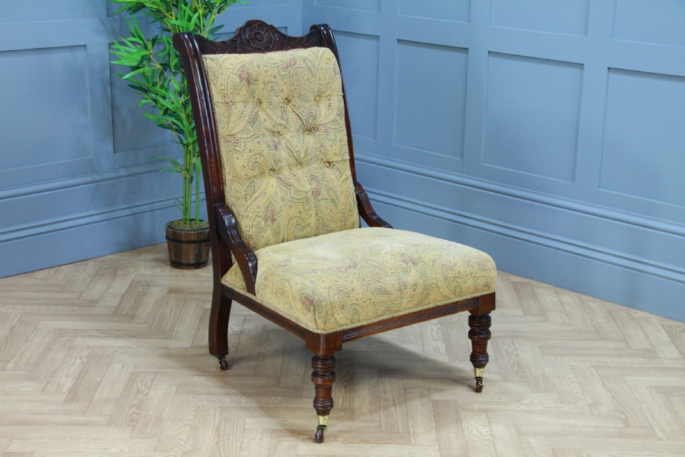 Antique Edwardian Carved Button Back Mahogany Fireside Ladies Chair C1895