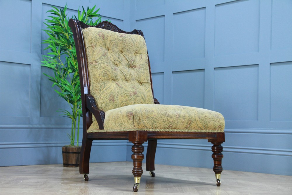 Antique Edwardian Carved Button Back Mahogany Fireside Ladies Chair C1895 View II