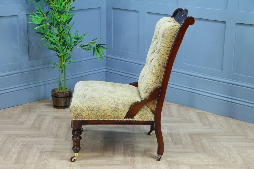 Antique Edwardian Carved Button Back Mahogany Fireside Ladies Chair C1895 View VII