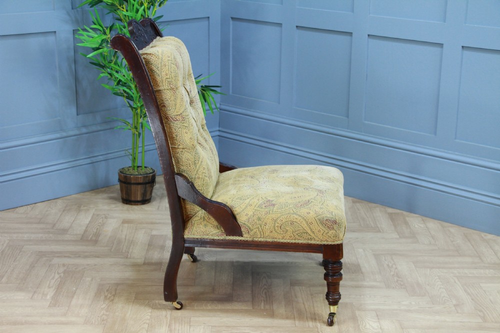 Antique Edwardian Carved Button Back Mahogany Fireside Ladies Chair C1895 View VIII