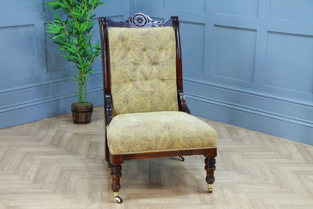 Antique Edwardian Carved Button Back Mahogany Fireside Ladies Chair C1895 View XII