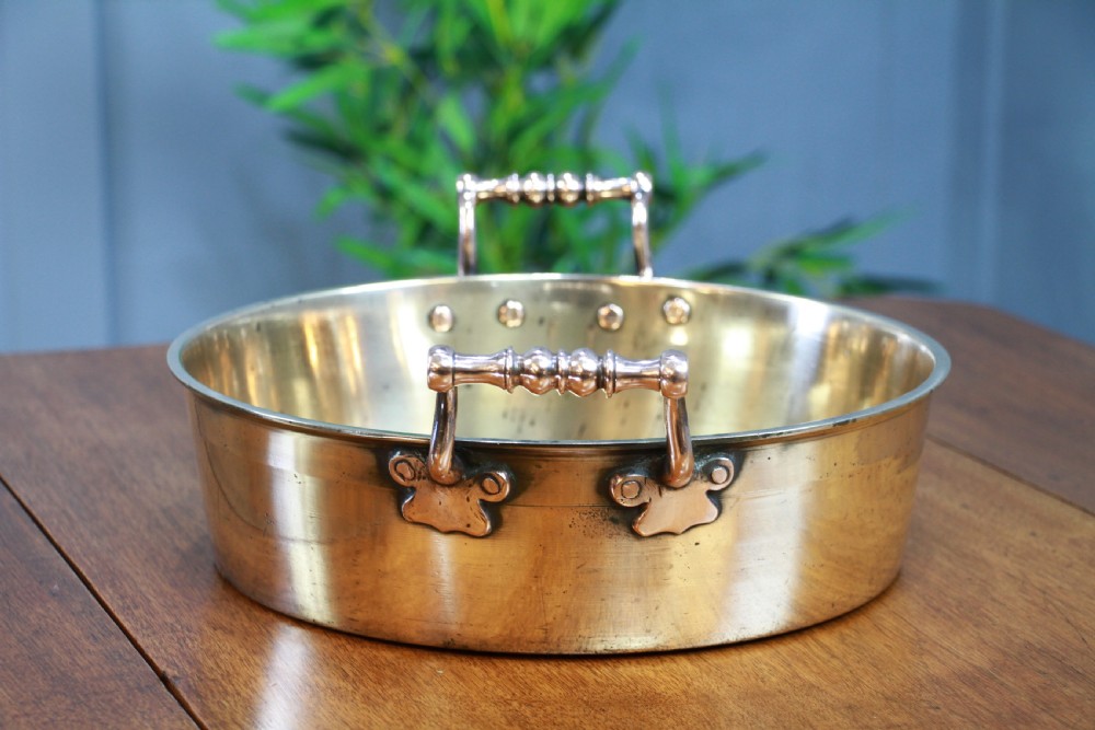 Antique Victorian Polished Copper & Brass Jam Pan With Handles C1850 View V