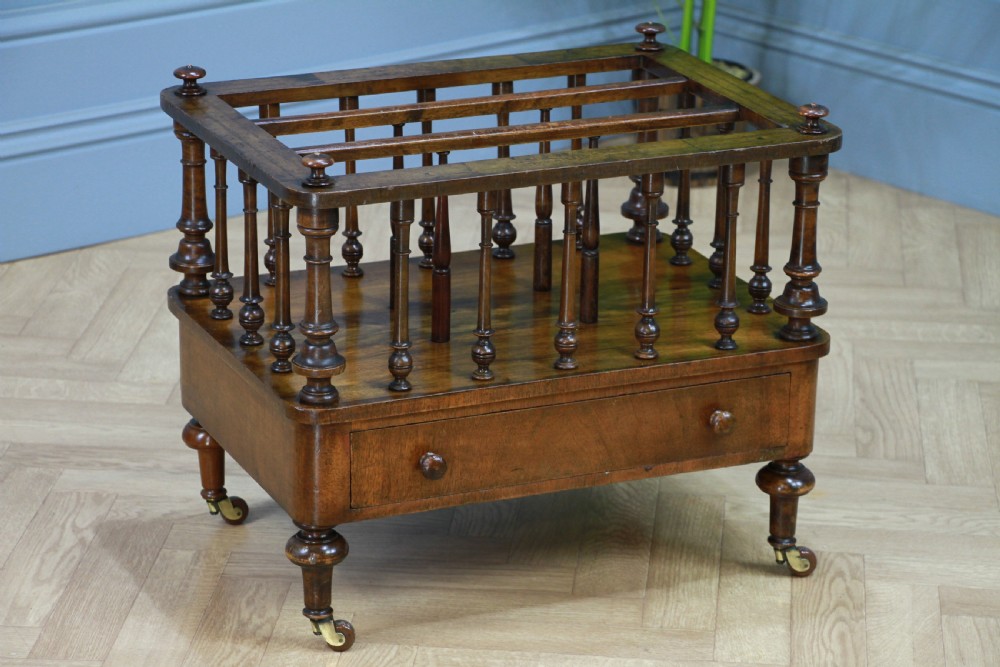 Antique Original Victorian Burr Walnut Inlaid Turned Canterbury With Drawer 1870