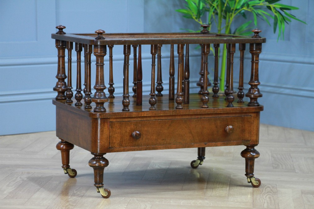 Antique Original Victorian Burr Walnut Inlaid Turned Canterbury With Drawer 1870 View IV