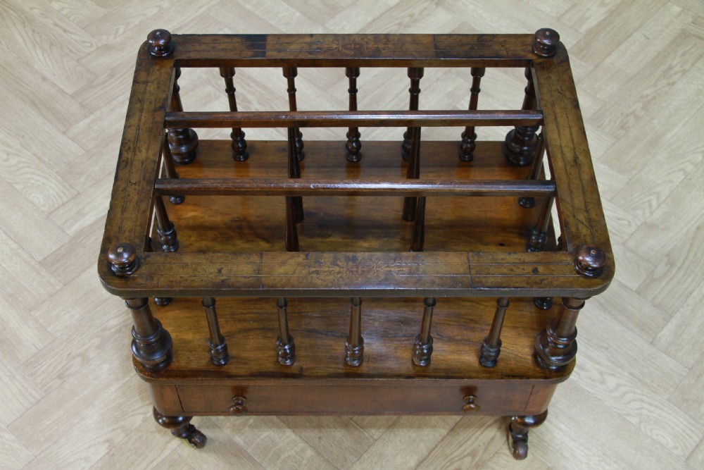 Antique Original Victorian Burr Walnut Inlaid Turned Canterbury With Drawer 1870 View V