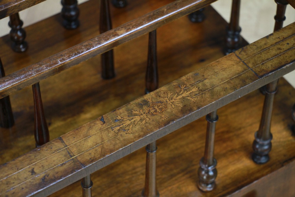 Antique Original Victorian Burr Walnut Inlaid Turned Canterbury With Drawer 1870 View VI