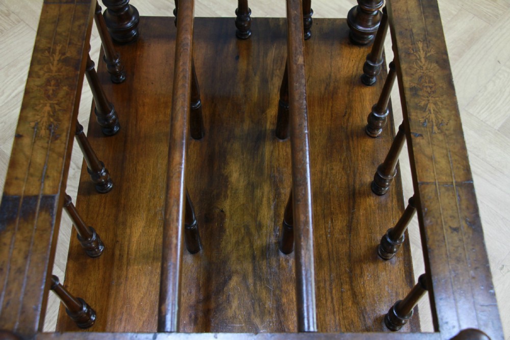 Antique Original Victorian Burr Walnut Inlaid Turned Canterbury With Drawer 1870 View VIII