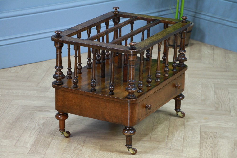 Antique Original Victorian Burr Walnut Inlaid Turned Canterbury With Drawer 1870 View IX