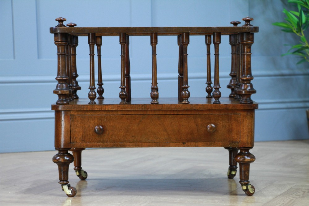 Antique Original Victorian Burr Walnut Inlaid Turned Canterbury With Drawer 1870 View XI