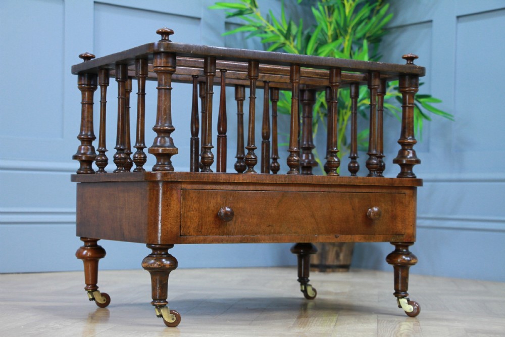 Antique Original Victorian Burr Walnut Inlaid Turned Canterbury With Drawer 1870 View XII