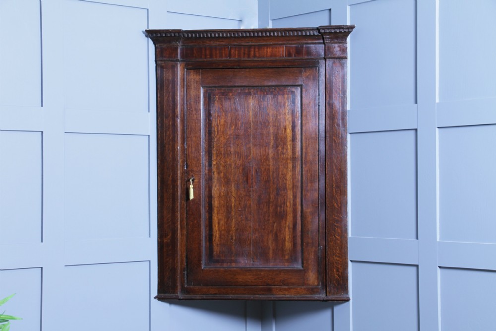 Antique Georgian Oak Inlaid Corner Wall Hanging Cupboard Cabinet Drinks C1830
 View II