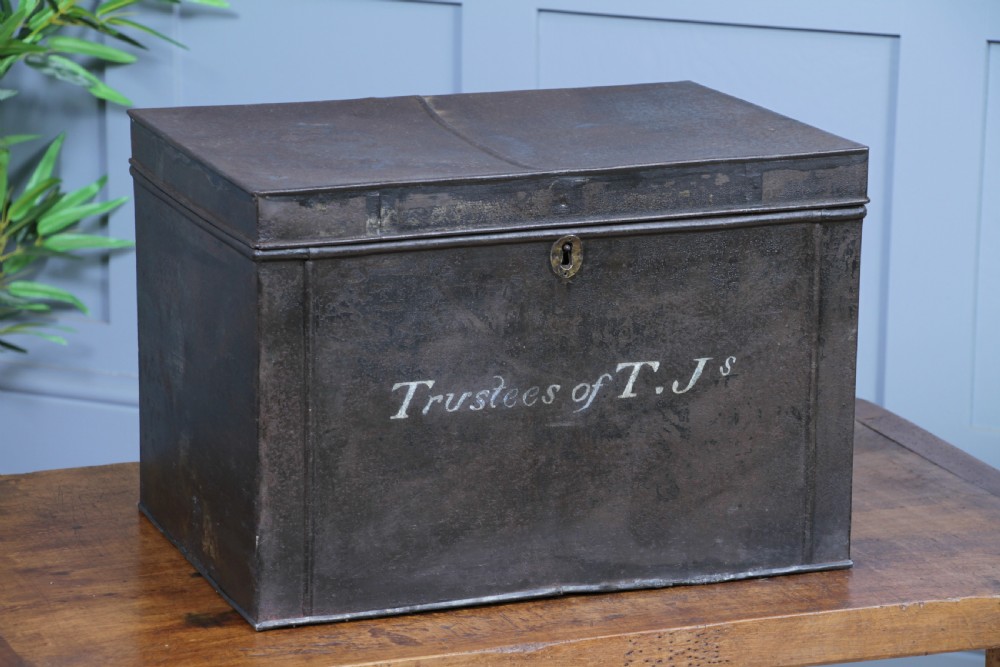 Antique Victorian T.Js Tinplate Metal Deed Chest Trunk Box Vintage