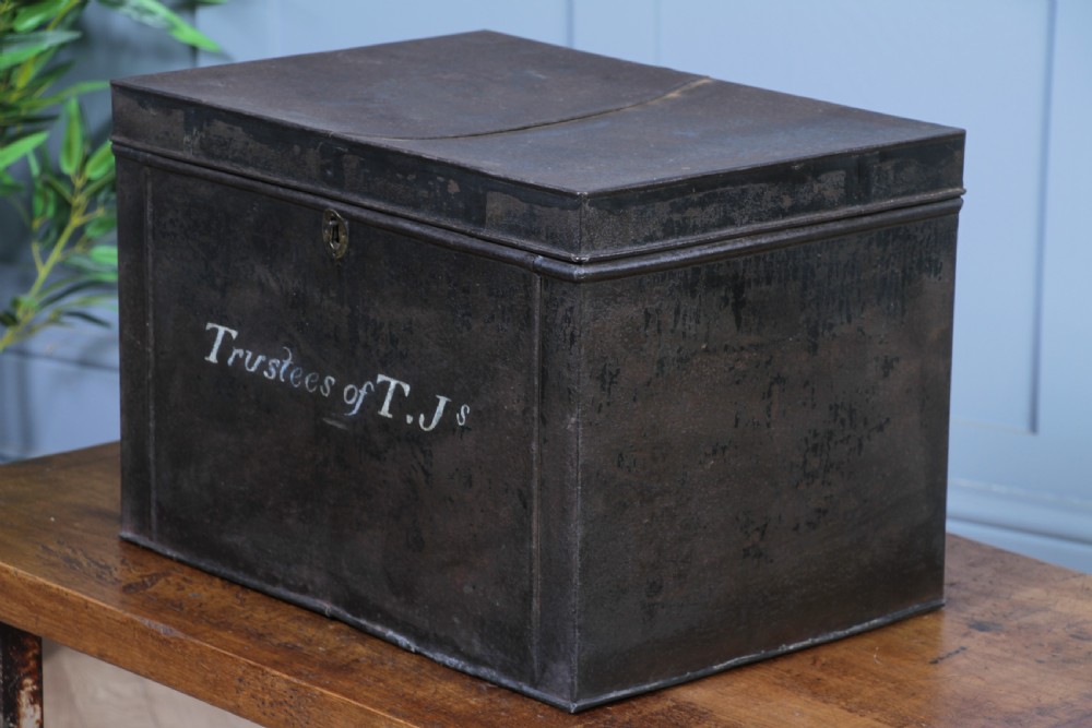 Antique Victorian T.Js Tinplate Metal Deed Chest Trunk Box Vintage View III