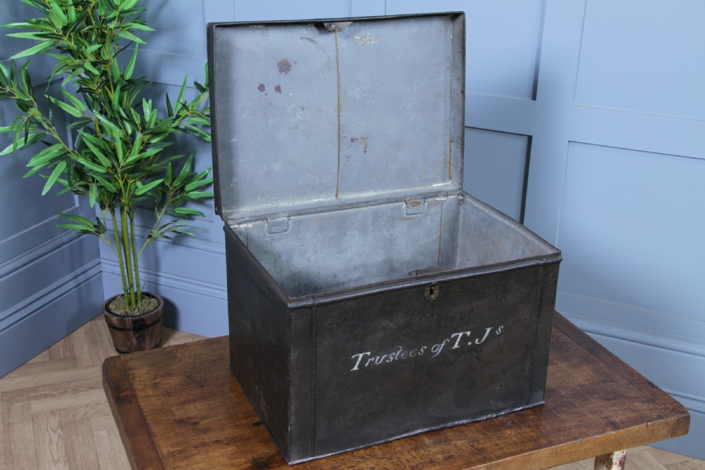 Antique Victorian T.Js Tinplate Metal Deed Chest Trunk Box Vintage View V