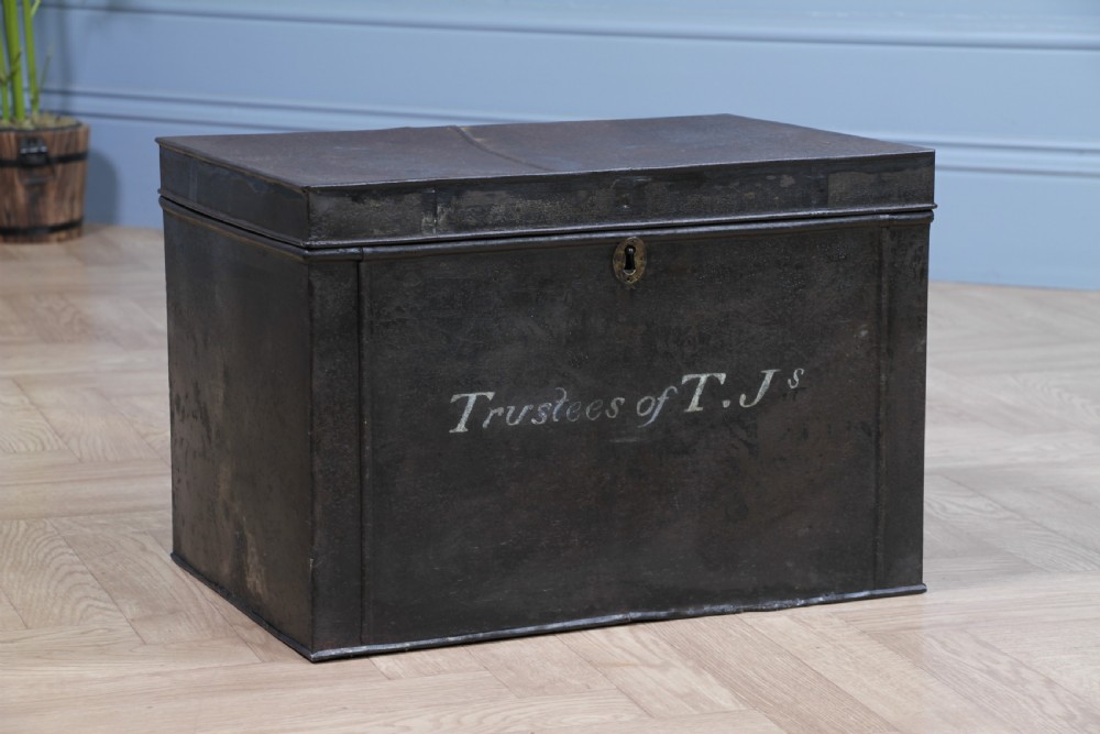 Antique Victorian T.Js Tinplate Metal Deed Chest Trunk Box Vintage View VII