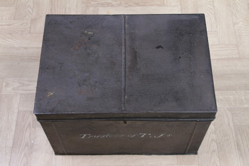 Antique Victorian T.Js Tinplate Metal Deed Chest Trunk Box Vintage View VIII