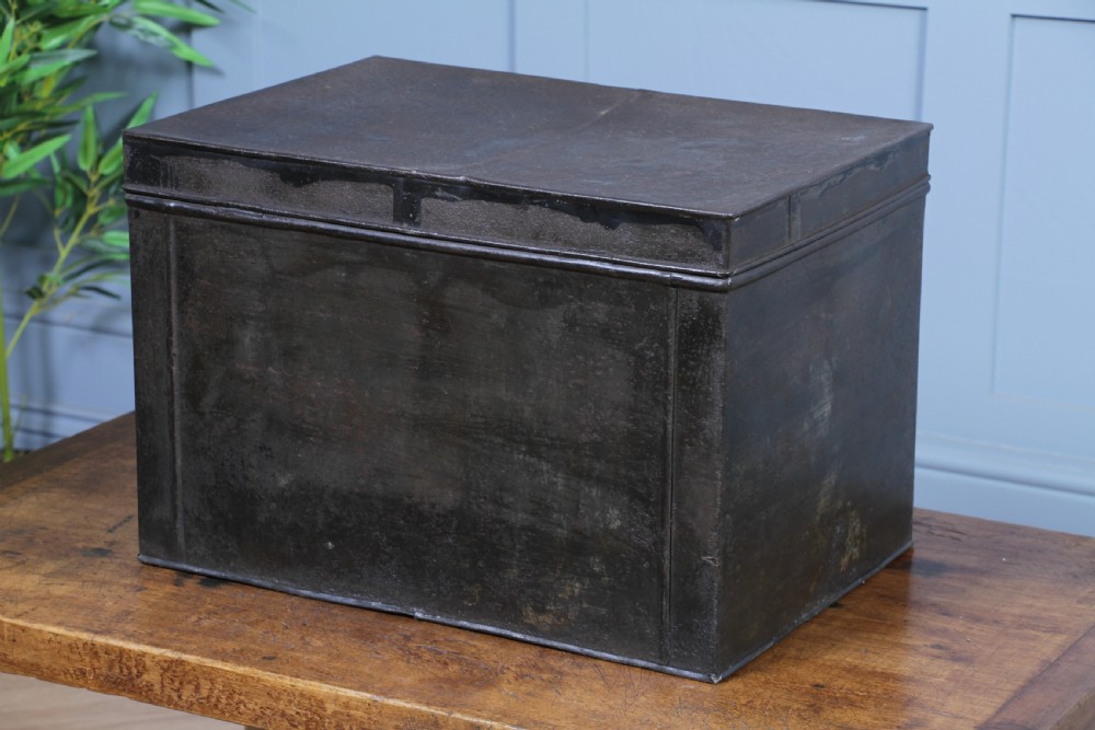 Antique Victorian T.Js Tinplate Metal Deed Chest Trunk Box Vintage View IX