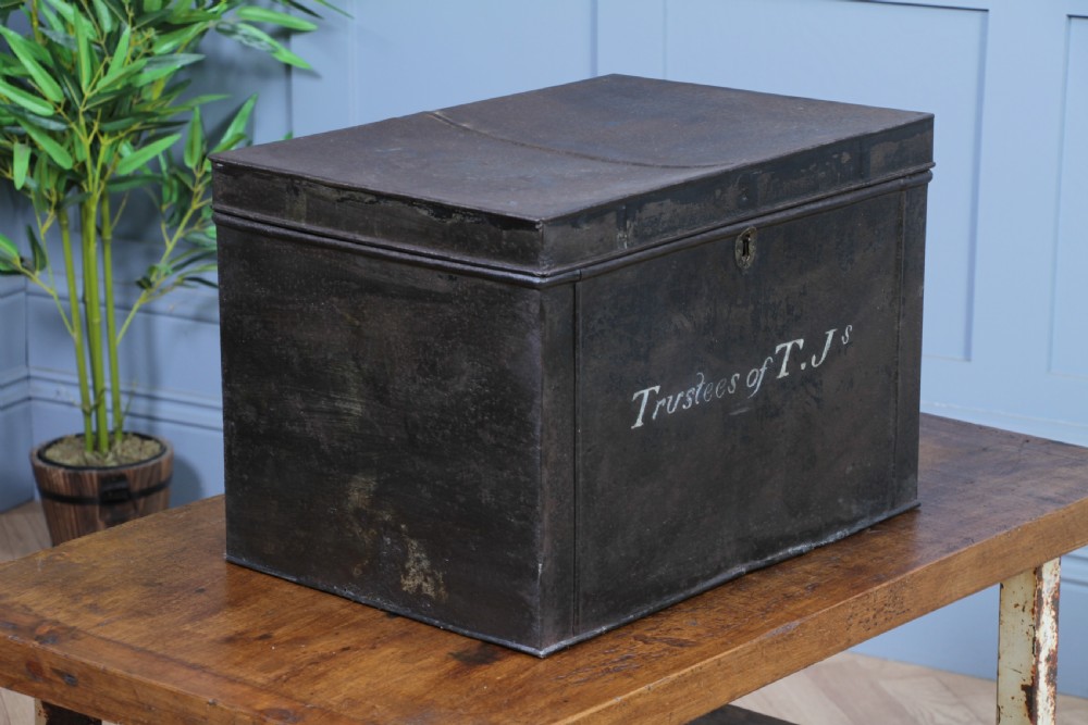 Antique Victorian T.Js Tinplate Metal Deed Chest Trunk Box Vintage View X