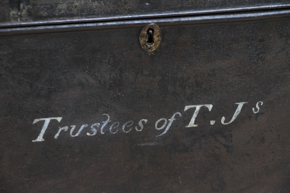 Antique Victorian T.Js Tinplate Metal Deed Chest Trunk Box Vintage View XI