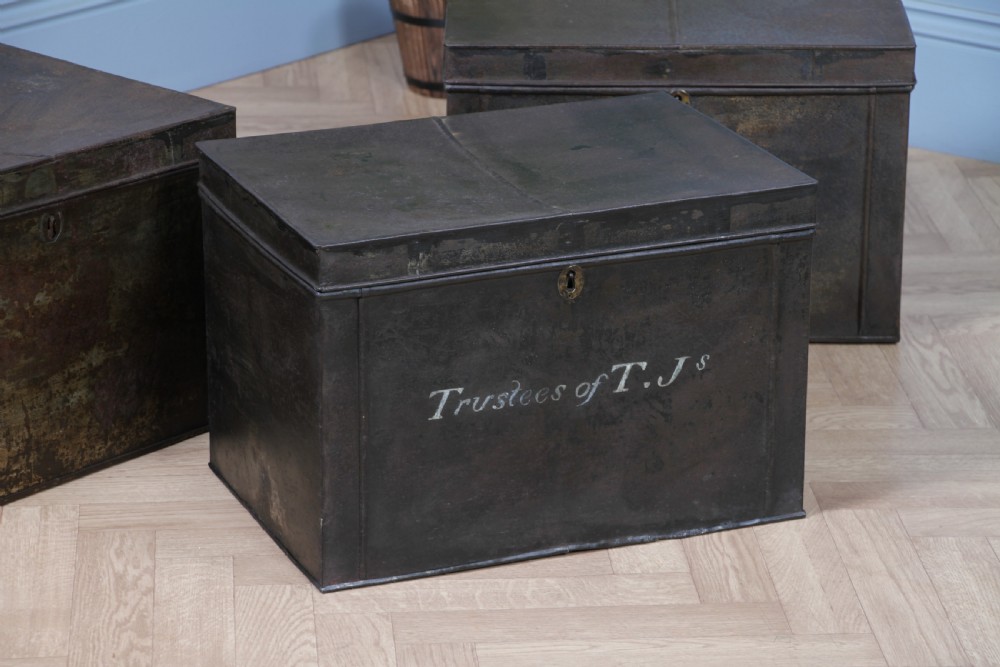 Antique Victorian T.Js Tinplate Metal Deed Chest Trunk Box Vintage View XIII